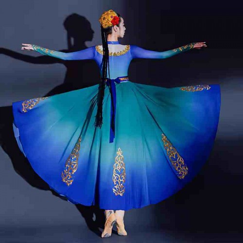 Blue Green Gradient Xinjiang dance Dresses for women girls ethnic style Uyghur minority dance big swing skirts solo dance art test costumes for Female